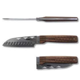 Elite Santoku-style Food Prep Knife (Damascus blade/walnut handle) with Leather Case